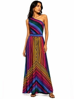 Myth Dress One Shoulder Rainbow Stripe Pink Blue Yellow Maxi Long Medium NWOT